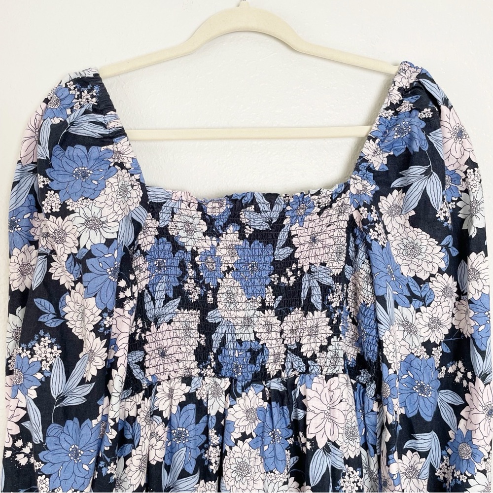 J Crew blue linen daydream zinnia floral smocked 3/4 sleeve dress L Tall - Picture 10 of 15